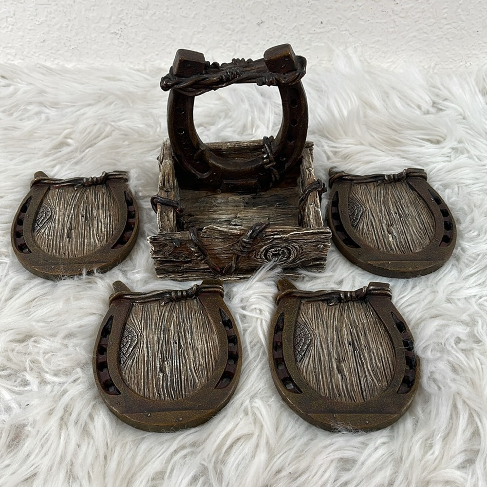 Horseshoe Coaster Set with Holder Collectible Wood Look - Picture 4 of 12